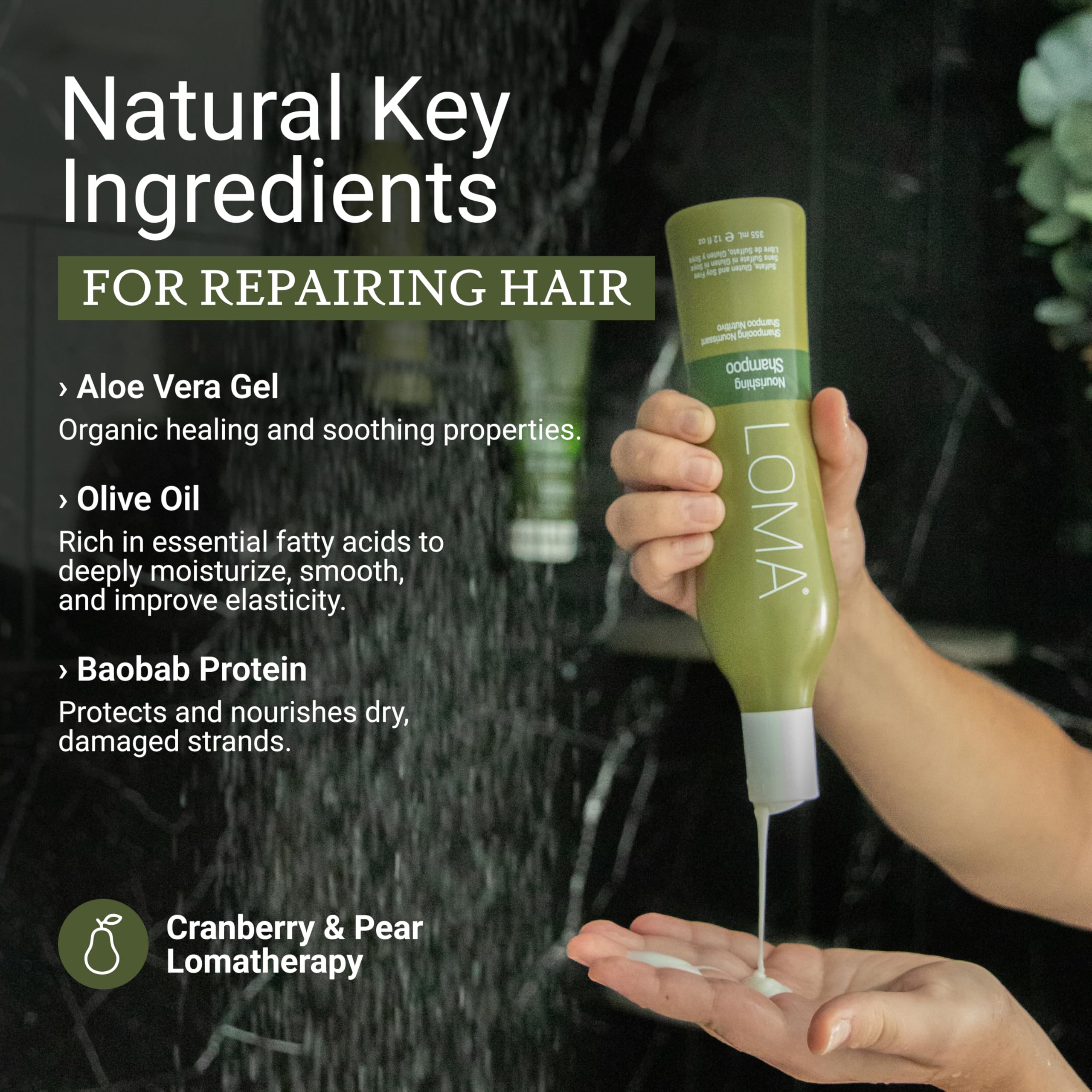 LOMA close-up of creamy shampoo texture highlighting moisturizing, gentle lather