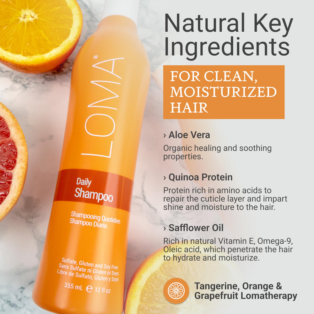 Close-up of LOMA label highlighting sulfate, paraben free claims and color-safe benefit