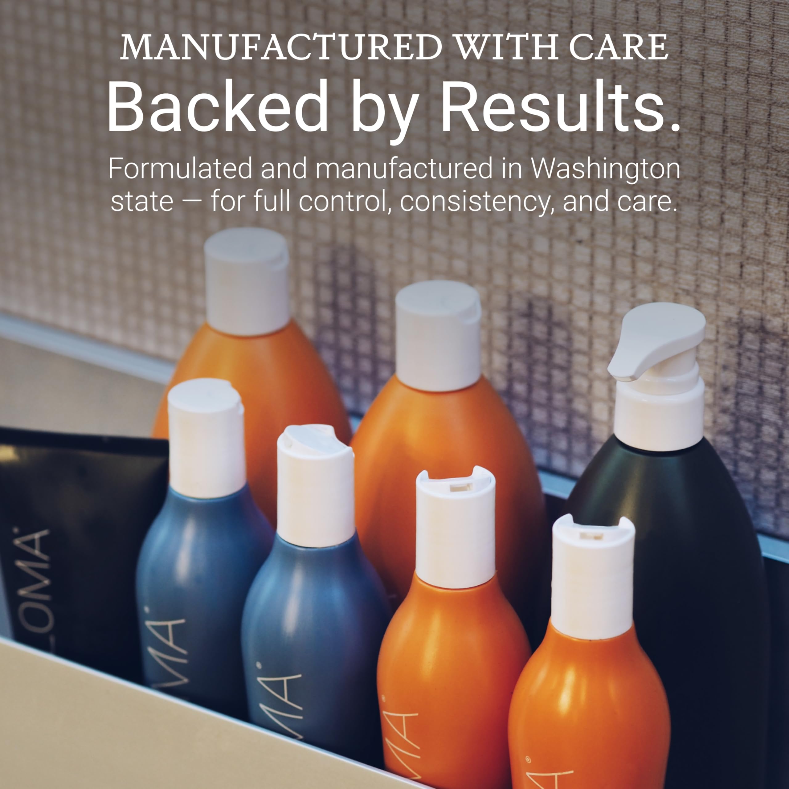 Bathroom shelf with LOMA shampoo styled to show everyday use and salon-quality care benefit