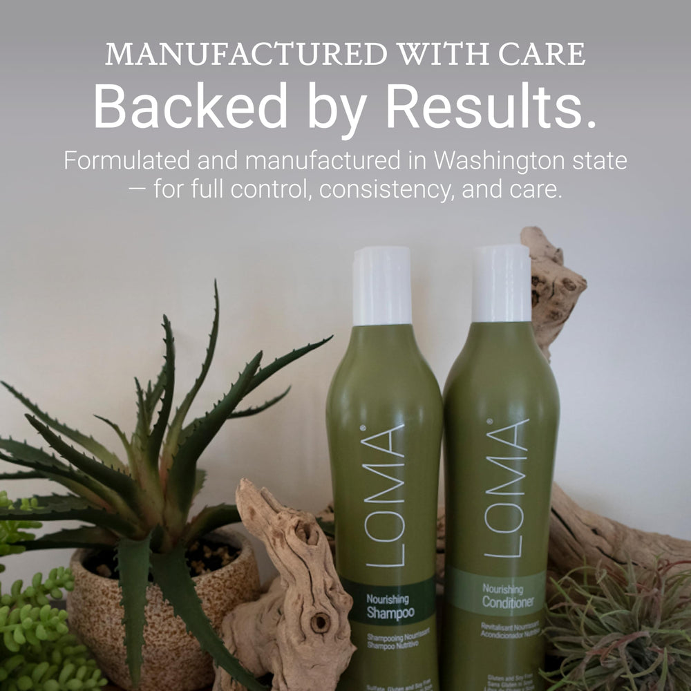Loma-treated hair glossy finish to show visible shine benefit