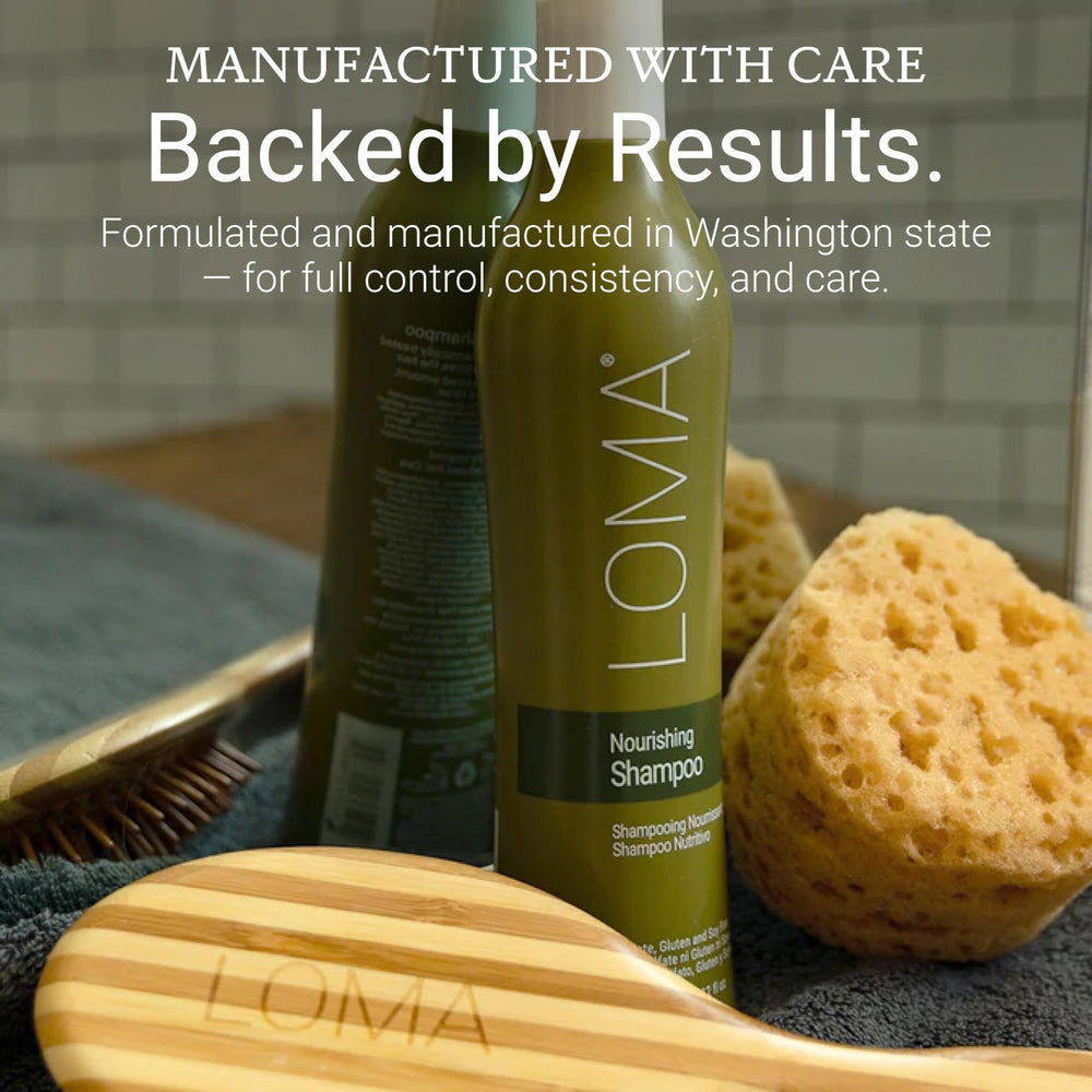 LOMA shampoo in shower setting with warm light conveying spa-like aromatherapy experience