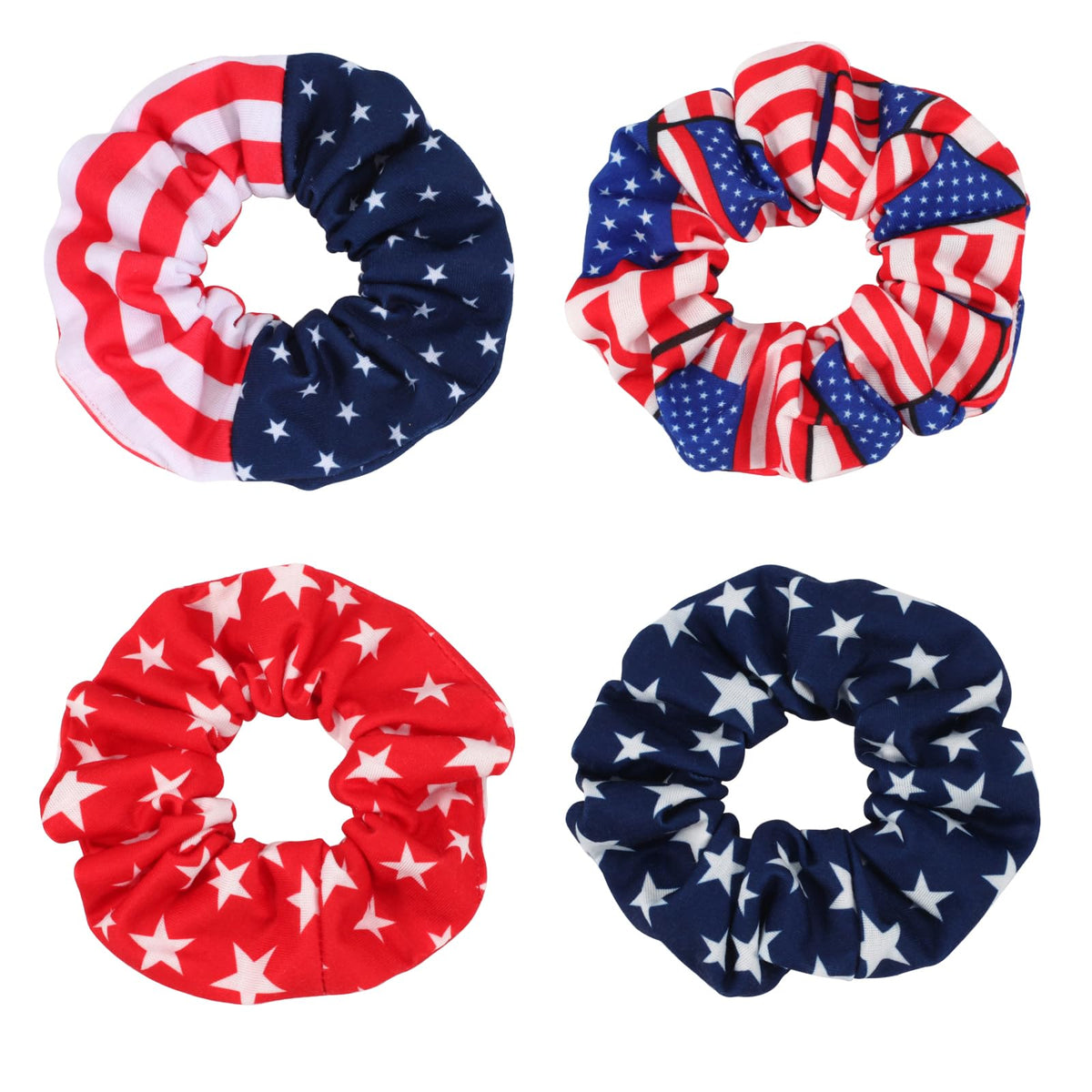 Lonext front view of four American flag scrunchies showing patterns and colors, festive accessory