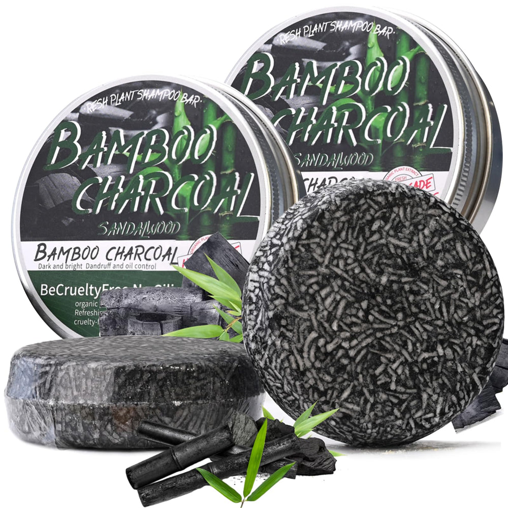 Loobexery front packaging showing two bamboo charcoal shampoo bars and benefits