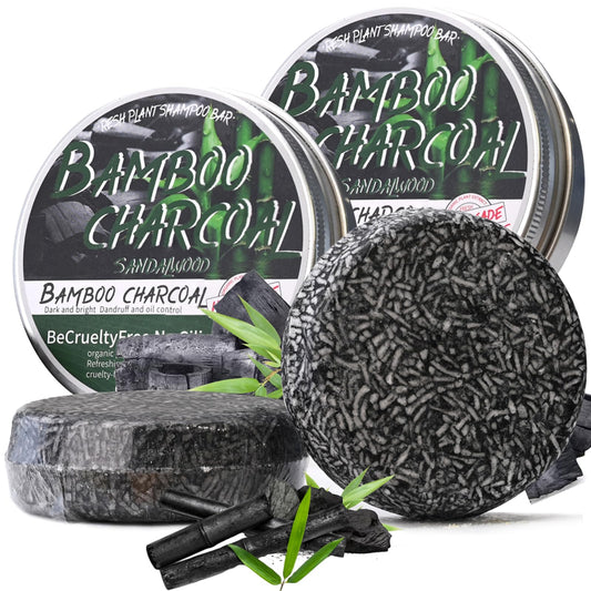 Loobexery front packaging showing two bamboo charcoal shampoo bars and benefits
