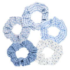 LOOKSEVEN front pack of five blue plaid scrunchies, stylish ready-to-wear accessory