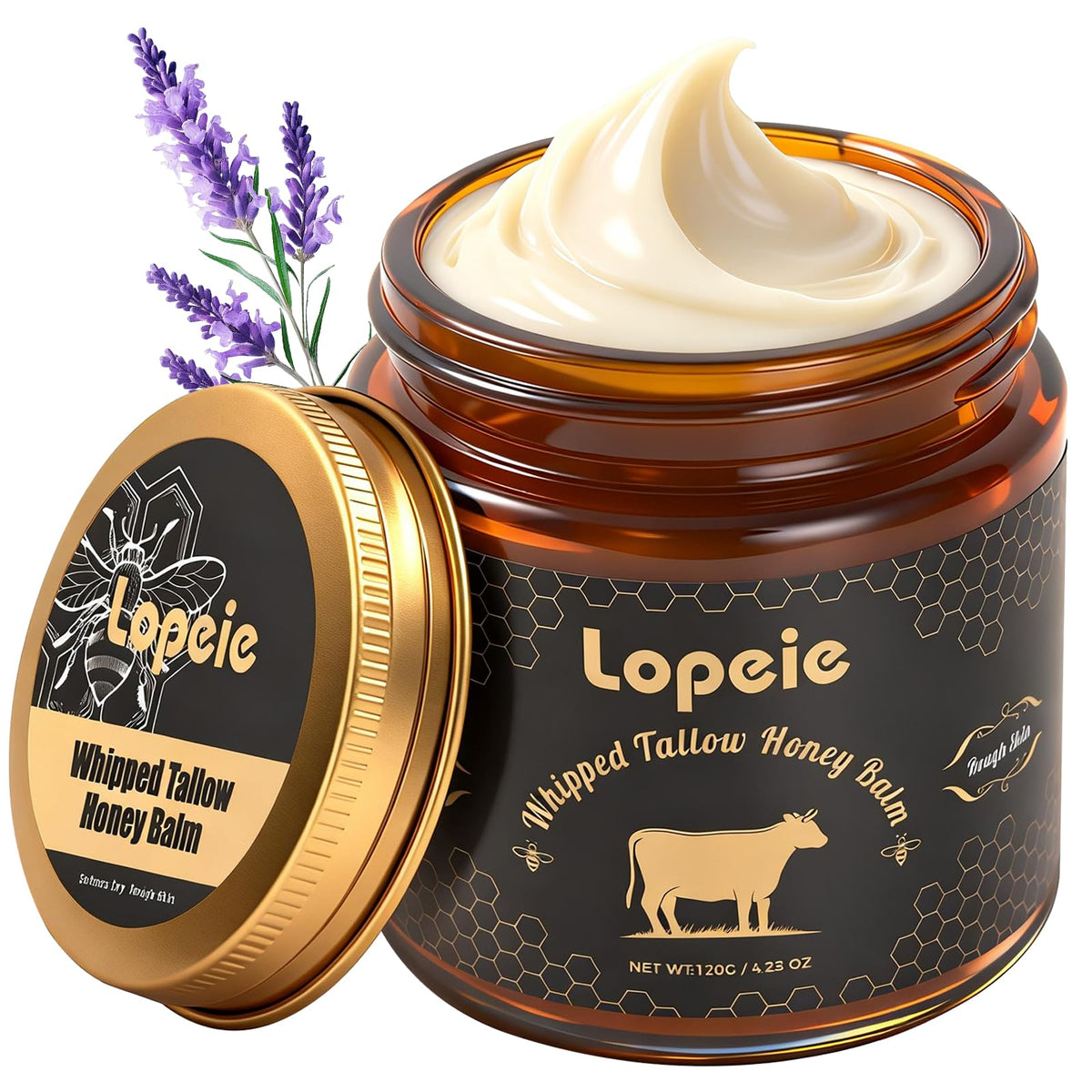 Lopeie jar front view showing lavender label and natural moisturizer benefits