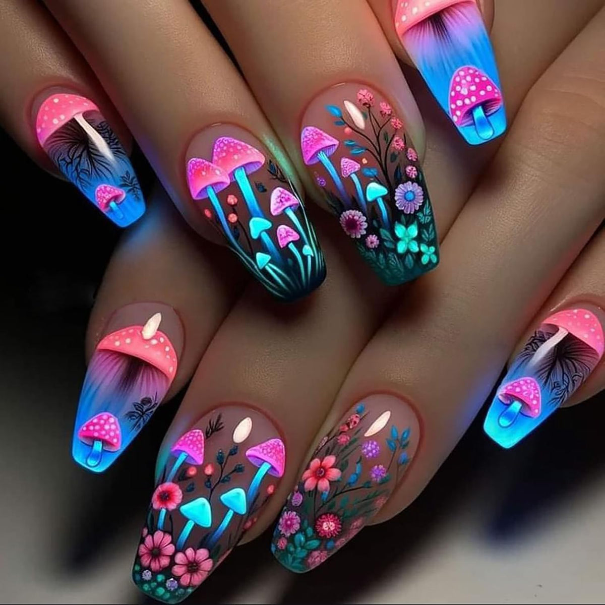 LOPMNGHT front packaging showing mushroom floral press-on nails and included tools for easy wear
