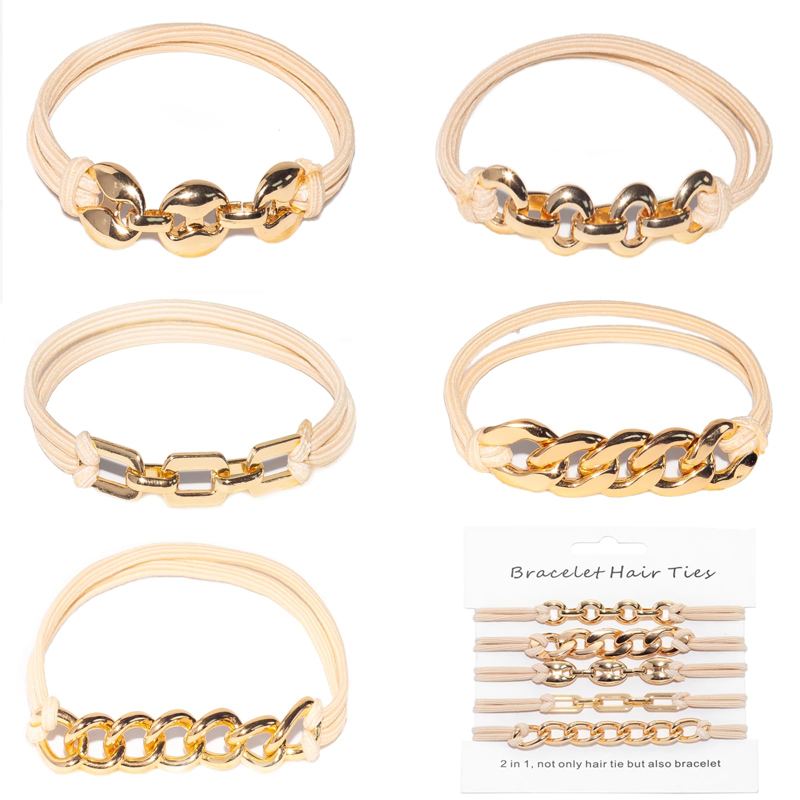 Loqpol front packaging showing 5 gold bracelet hair ties, stylish storage benefit