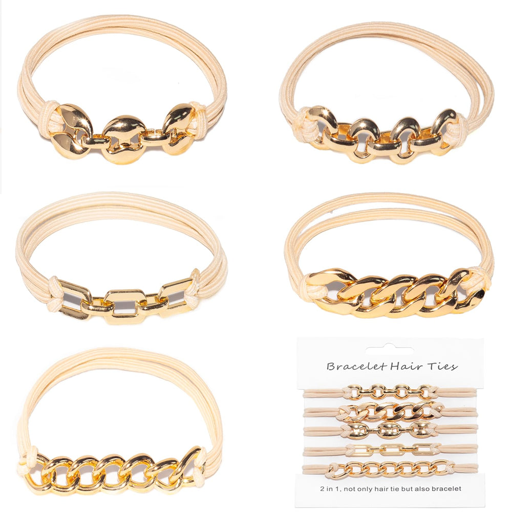 Loqpol front packaging showing 5 gold bracelet hair ties, stylish storage benefit