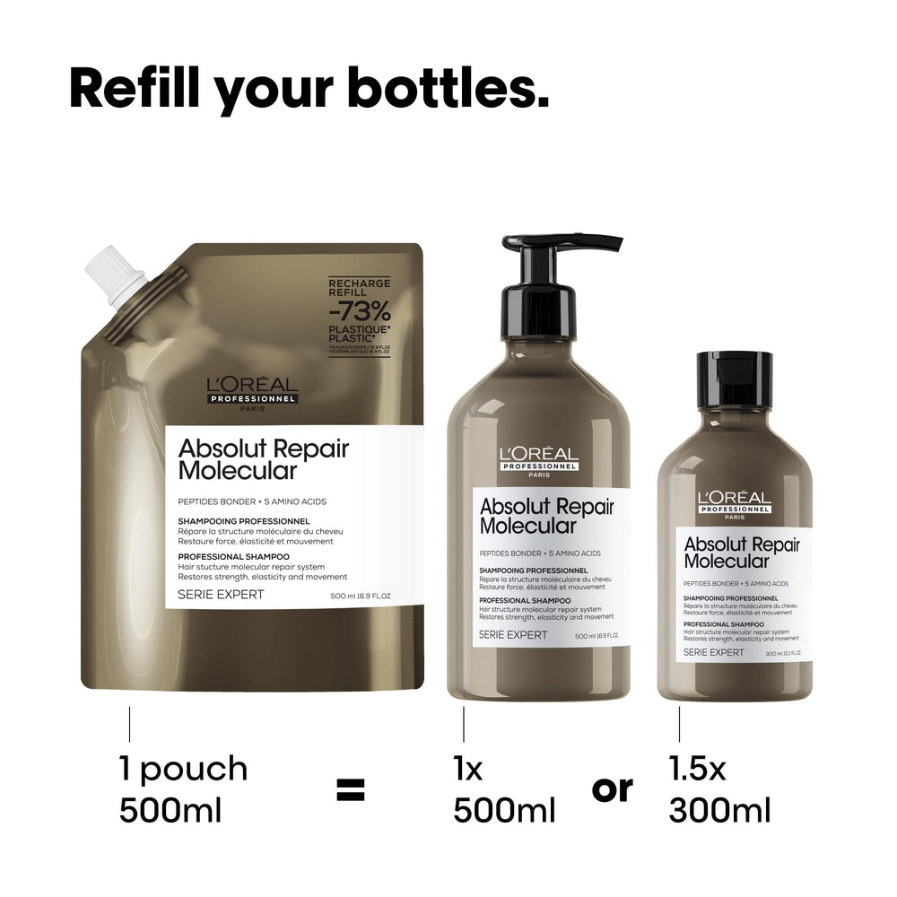 L'Oréal Professionnel refill pouch with eco icon illustrating 73% less plastic