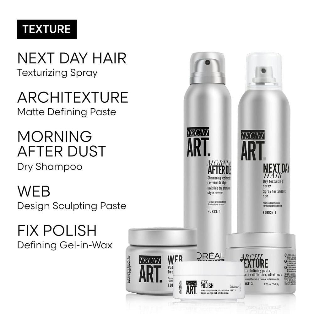 L'Oréal Professionnel styled hair in lifestyle scene illustrating textured, matte definition.