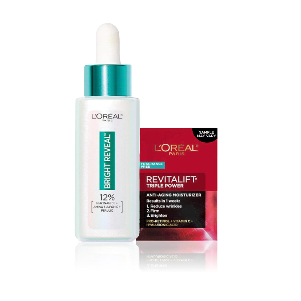 L'Oréal Paris front packaging of Bright Reveal serum showing bottle and box benefits