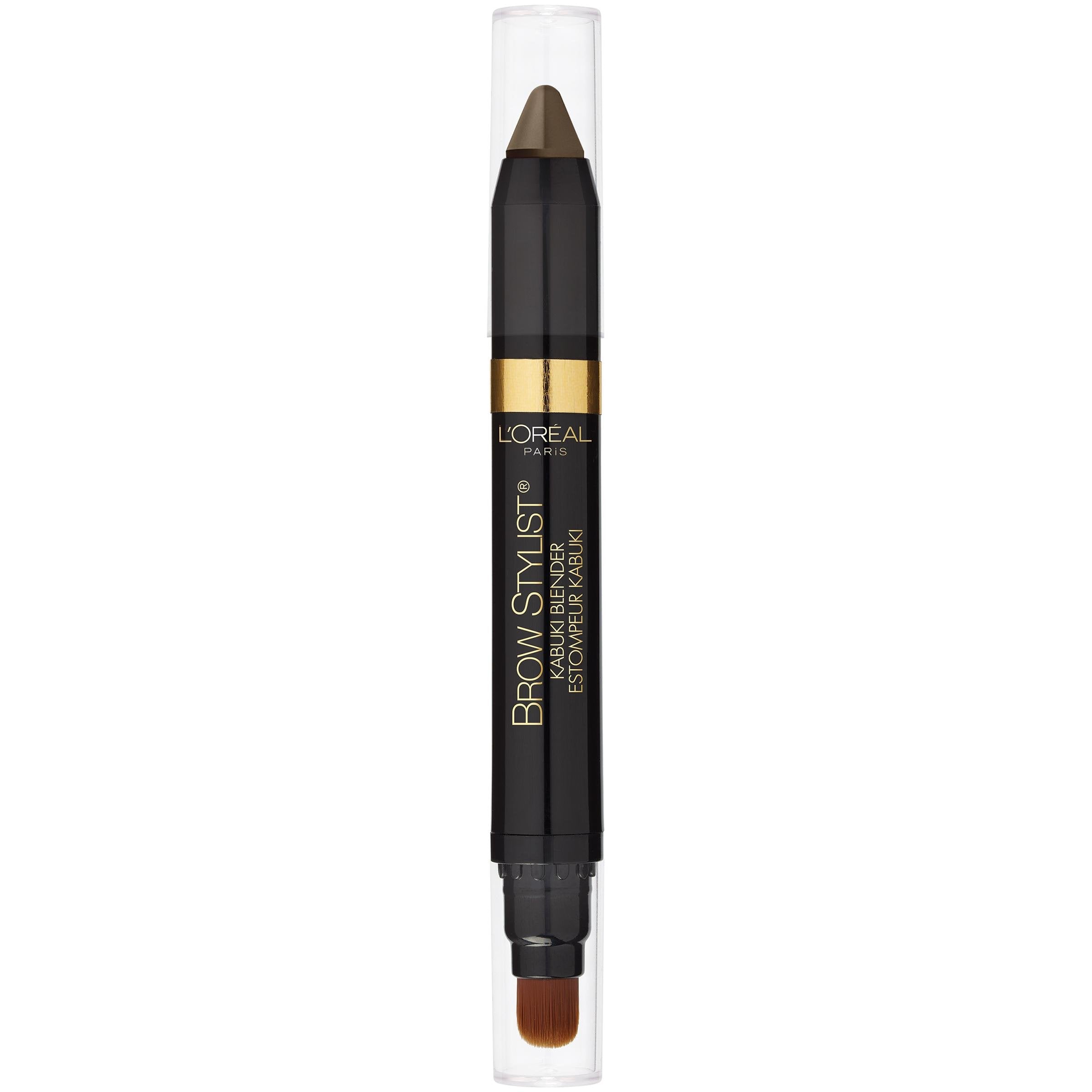L'Oreal Paris brow crayon front view showing slim blonde crayon and label, easy application