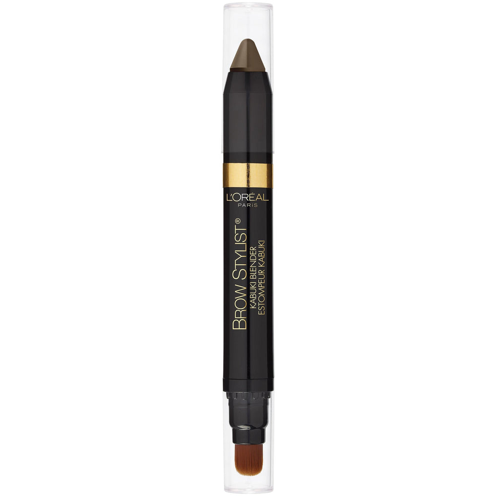 L'Oreal Paris brow crayon front view showing slim blonde crayon and label, easy application