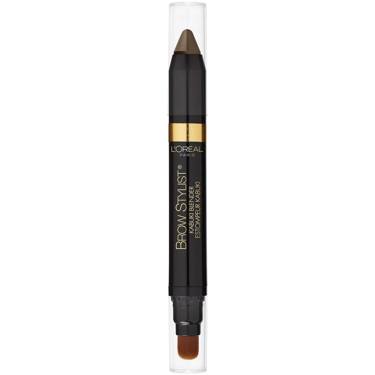 L'Oreal Paris brow crayon front view showing slim blonde crayon and label, easy application
