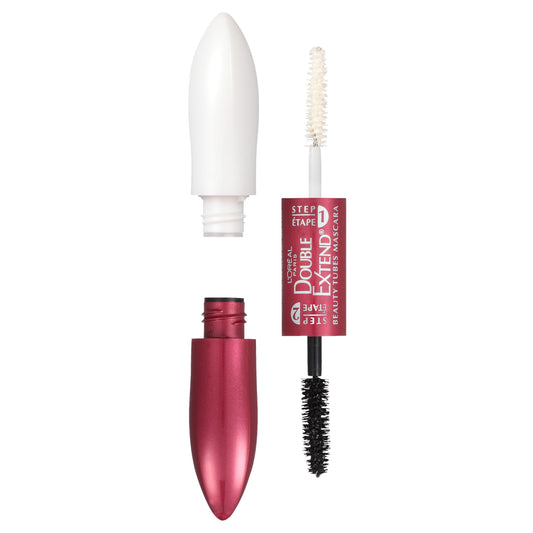 L'Oreal Paris front view of double extend tubing mascara packaging and product benefit