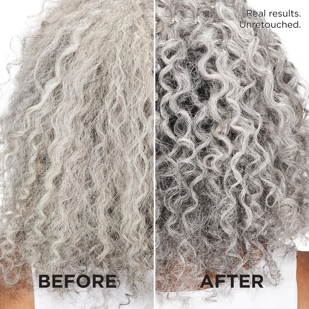 L'Oreal Paris in styling scene with silver-haired model showing polished results