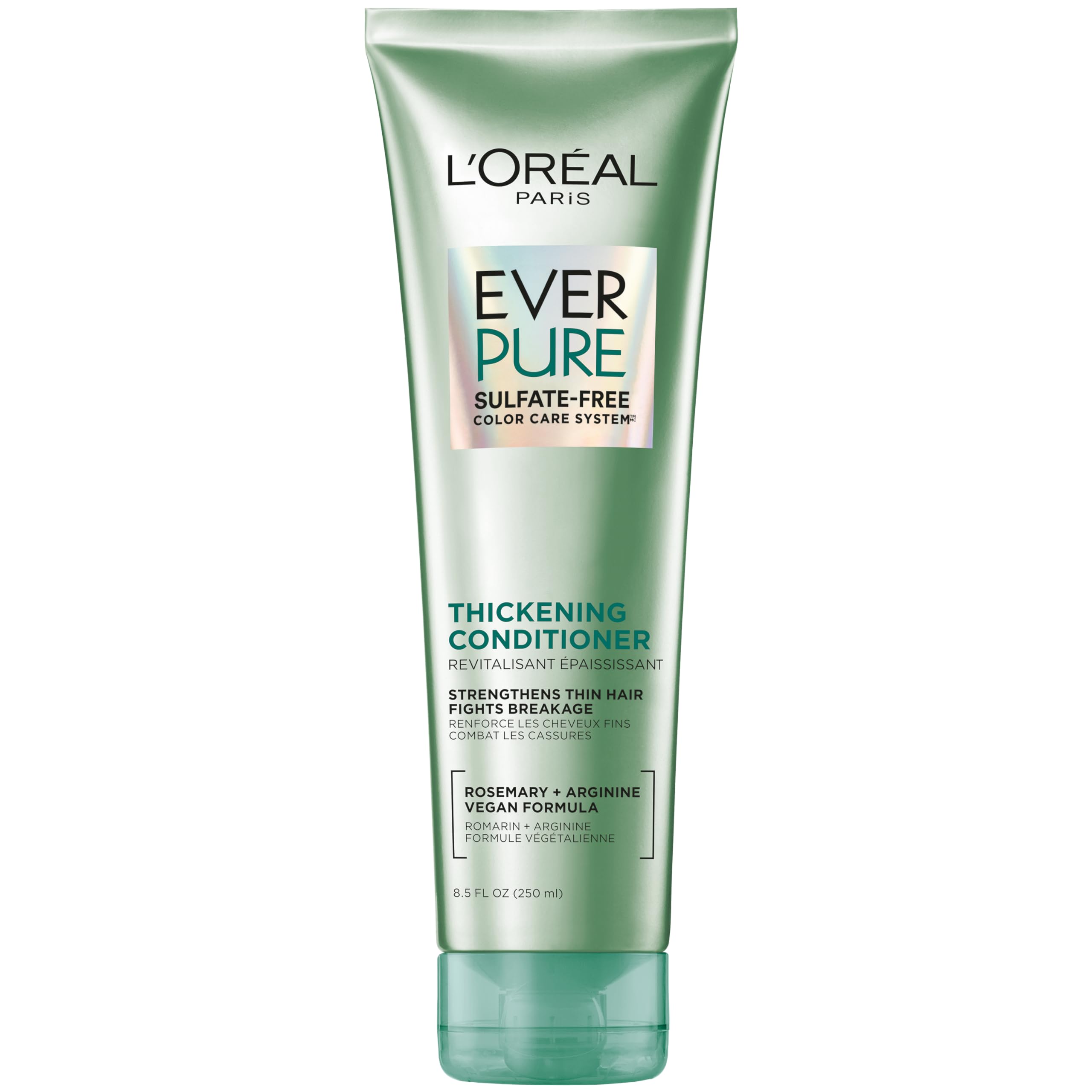 L'Oreal Paris bottle front showing EverPure Thickening conditioner benefits