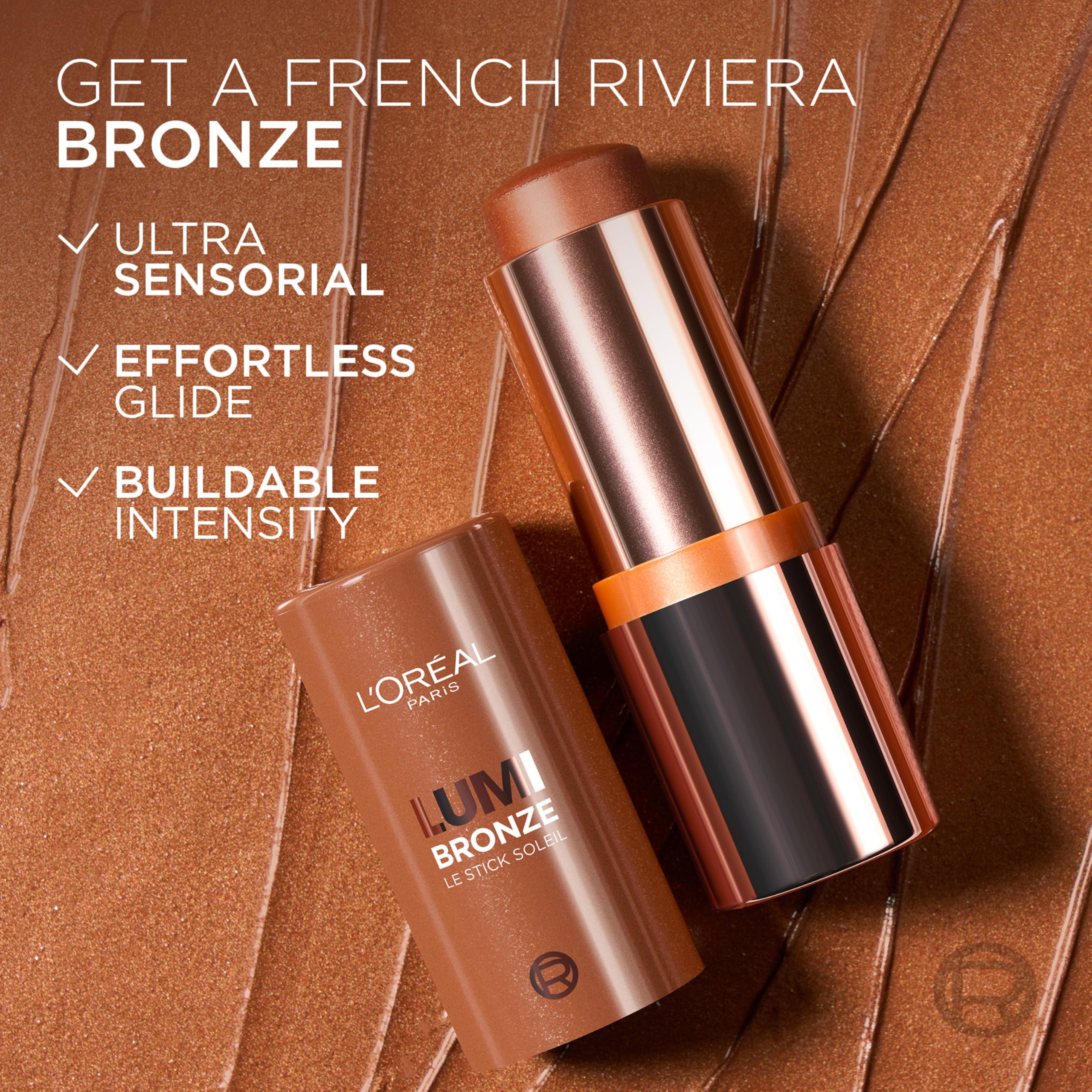 Applying L'Oreal Paris bronzer stick to cheek for instant natural warmth