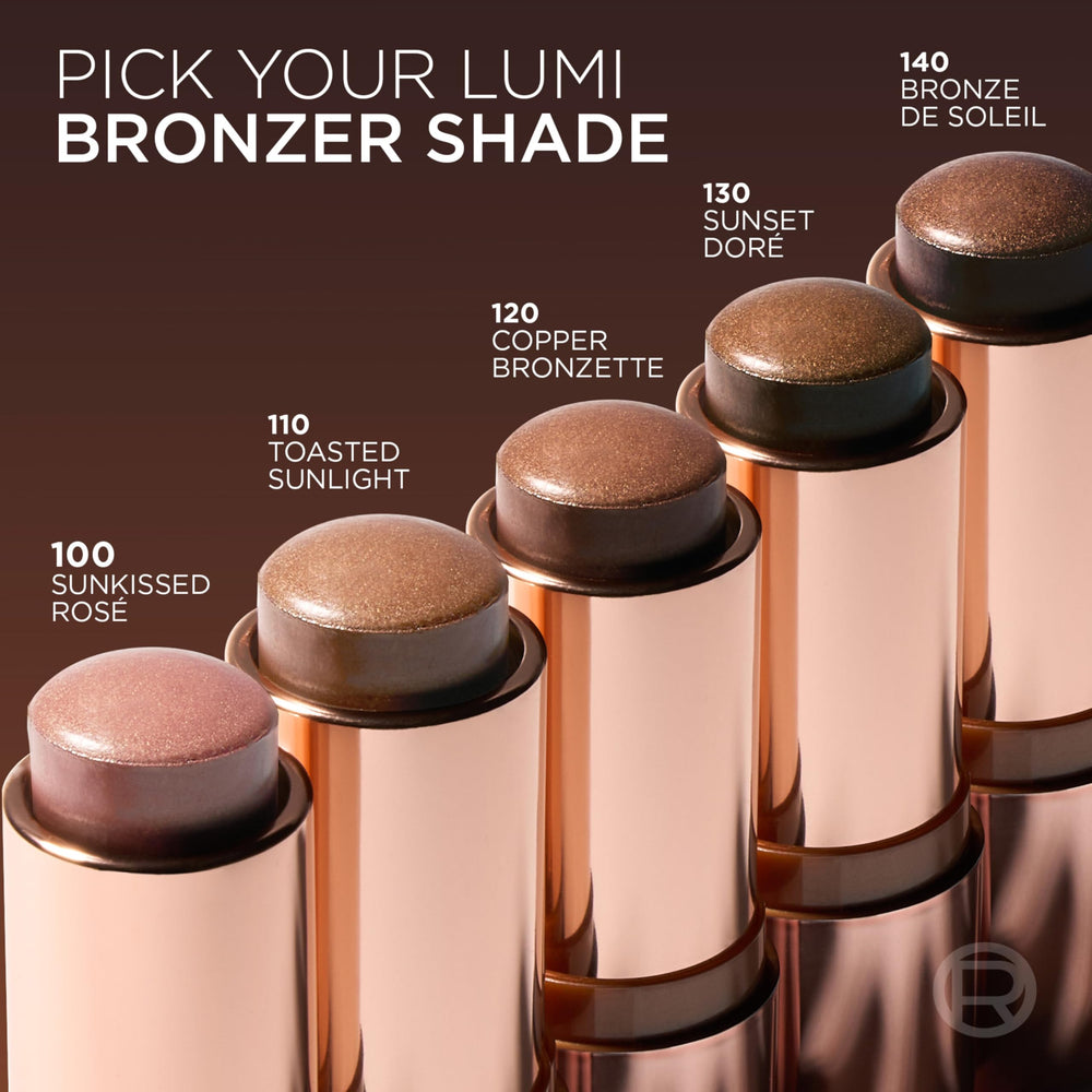 L'Oreal Paris bronzer stick beside brush and sponge demonstrating easy blending