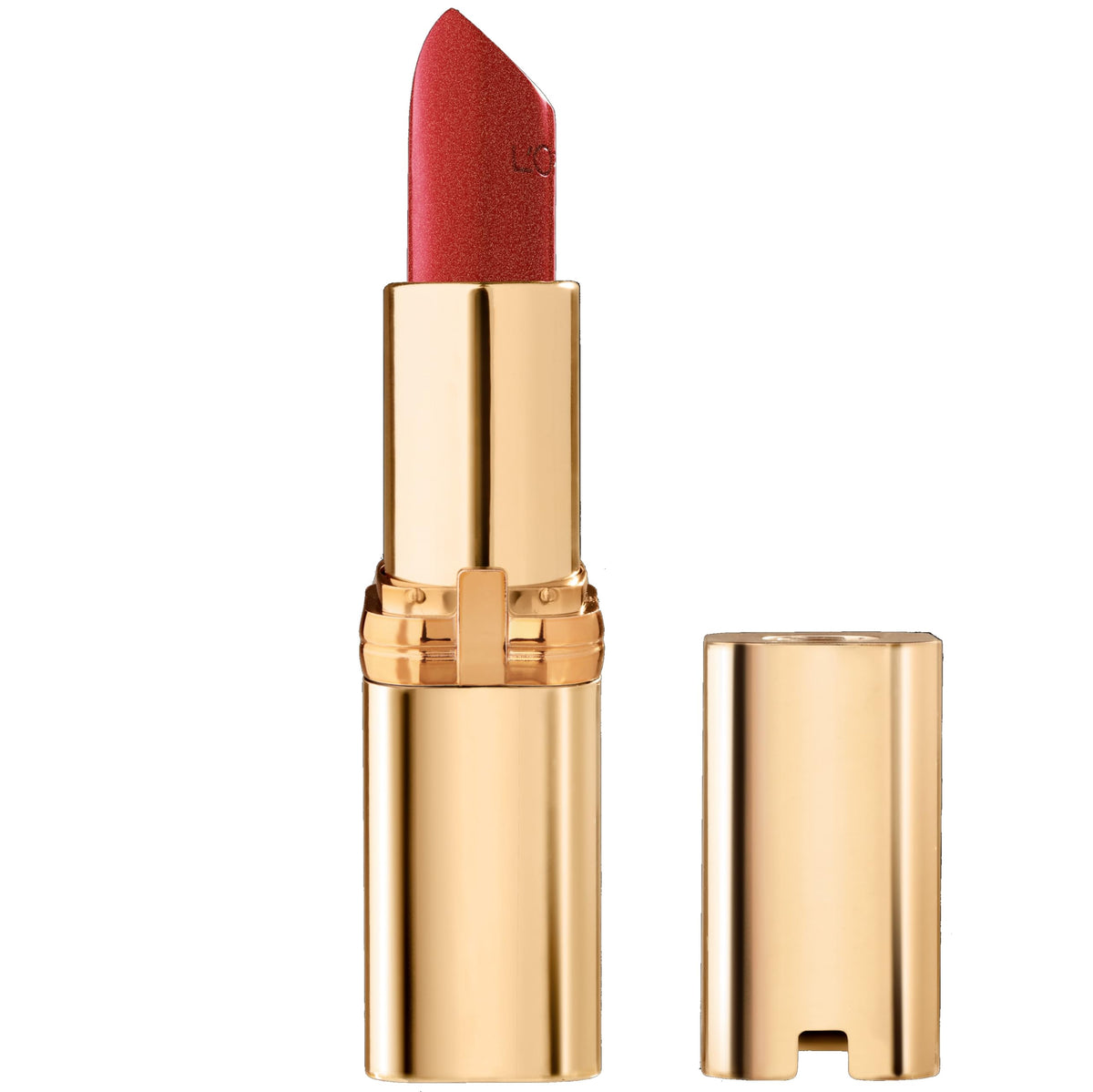 L'Oreal Paris Blazing Lava front view shows vibrant red and satin finish benefit
