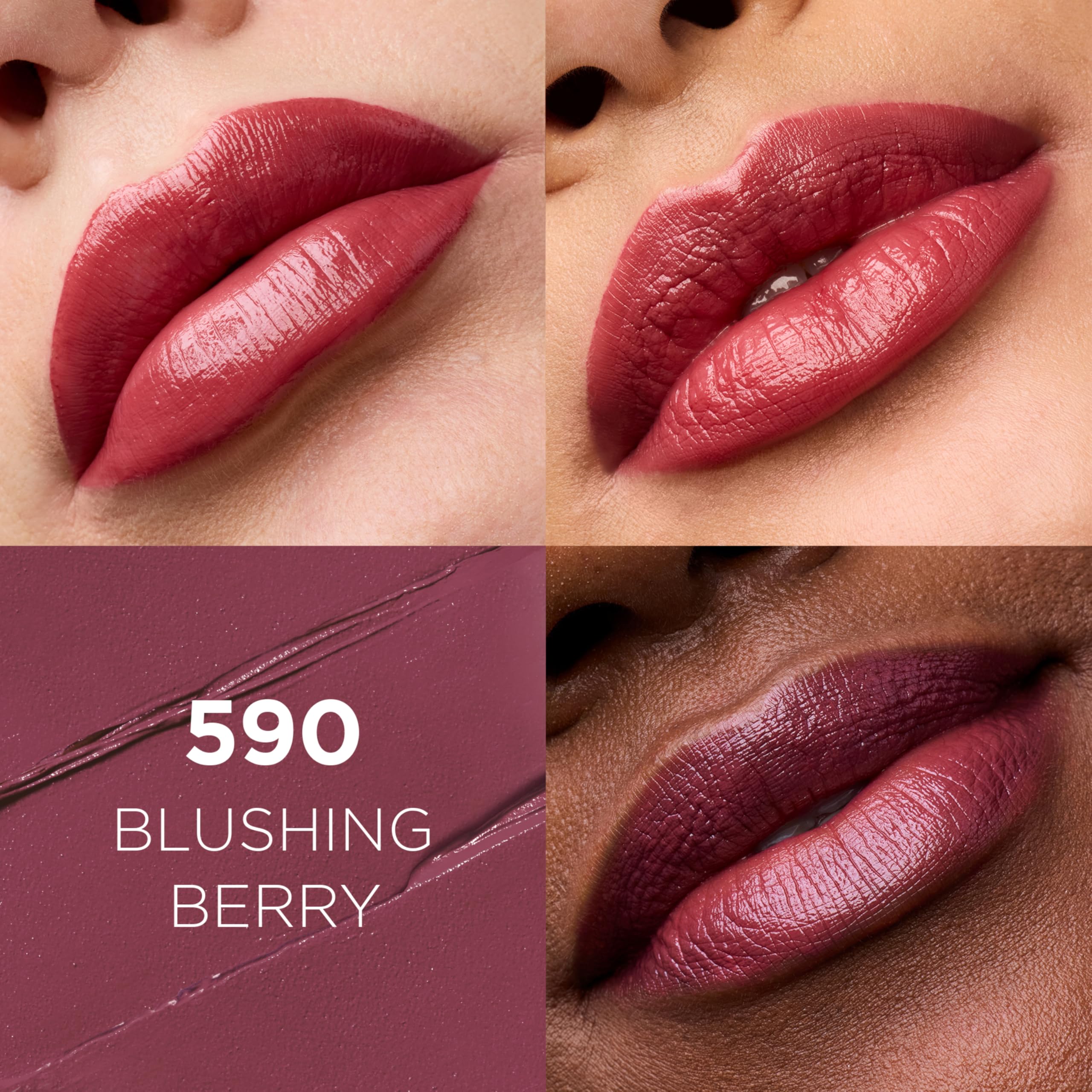 L'Oreal Paris open lipstick bullet displaying creamy Blushing Berry texture and easy glide