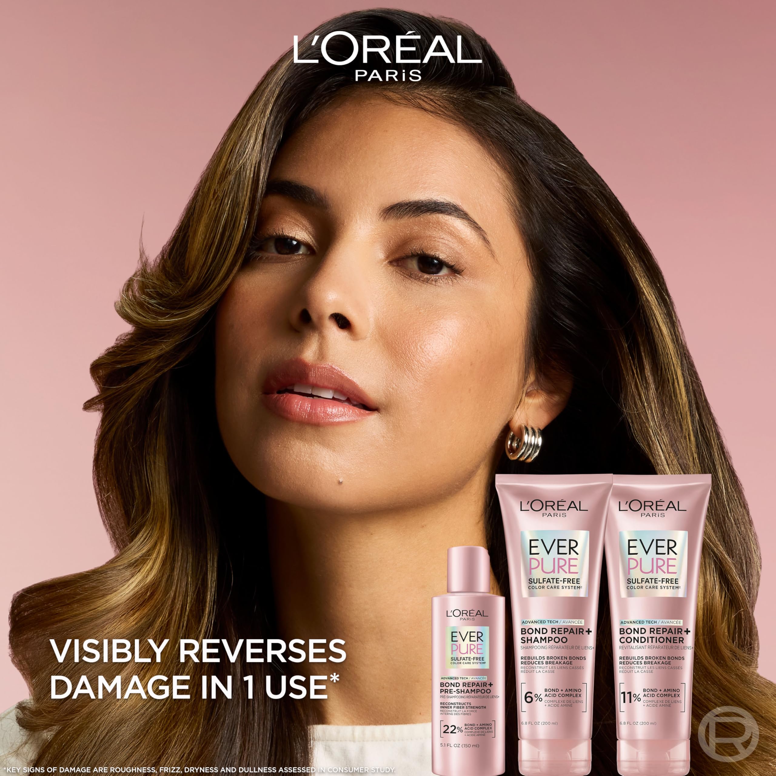 L'Oreal Paris shampoo being dispensed showing creamy texture and gentle cleanse
