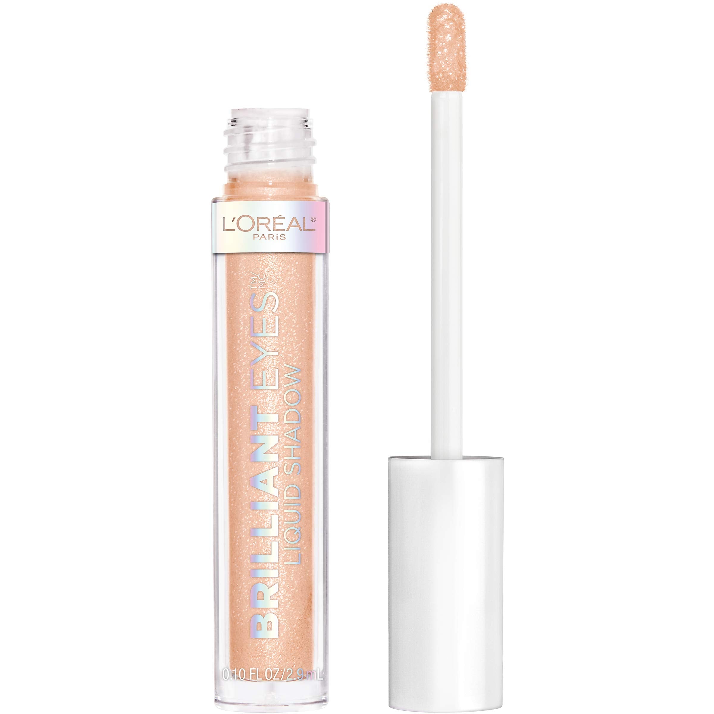 L'Oreal Paris front packaging of brilliant eyes shimmer liquid shadow showing product and label benefit