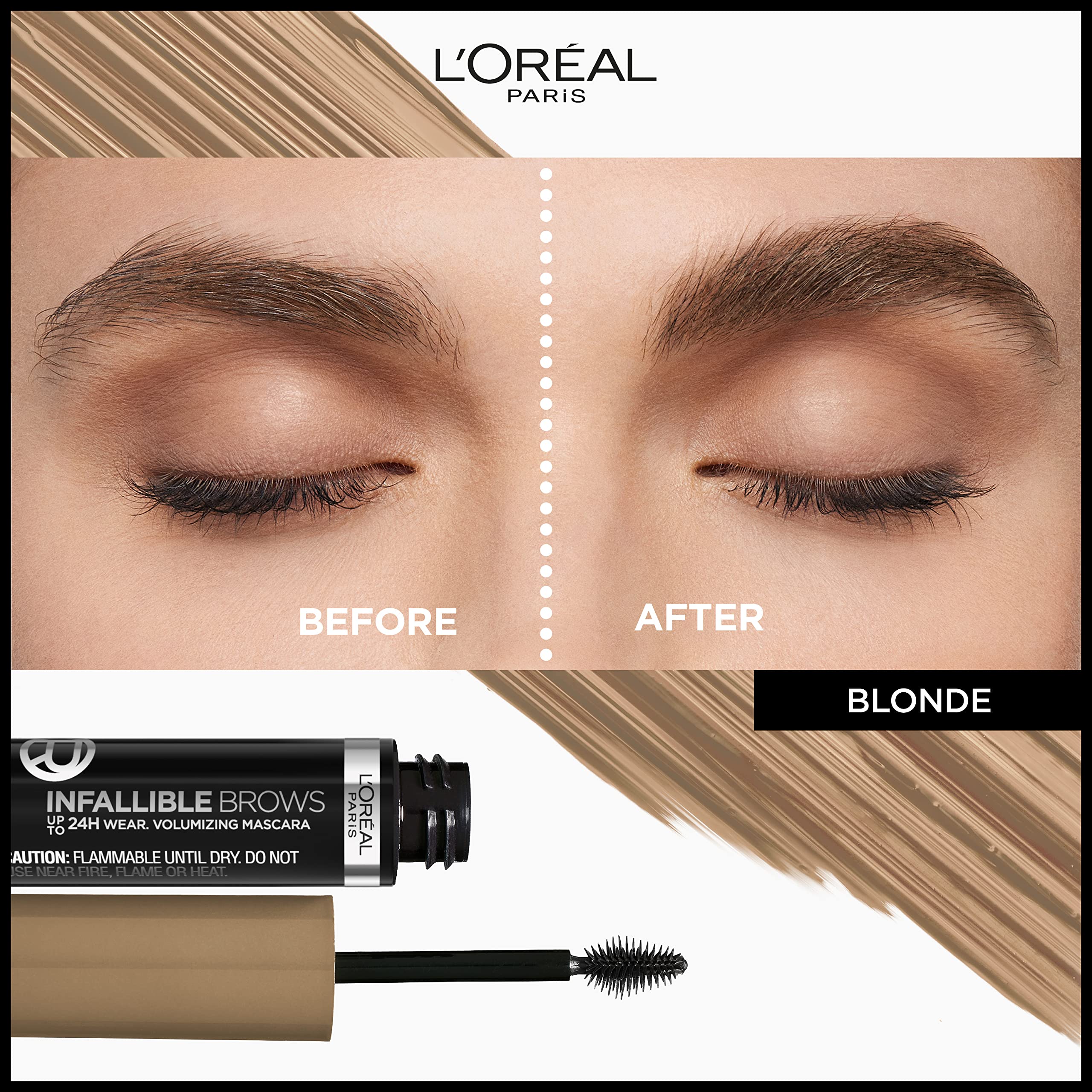 L'Oreal Paris brow mascara wand in 7.0 Blonde showing brush for precise application
