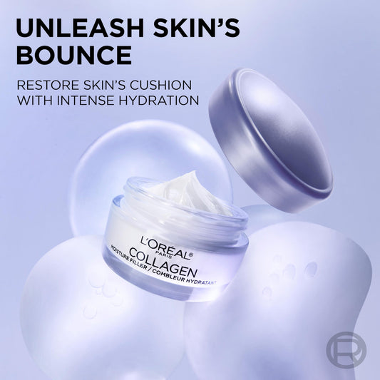 L'Oreal Paris open jar displaying smooth collagen-rich cream texture