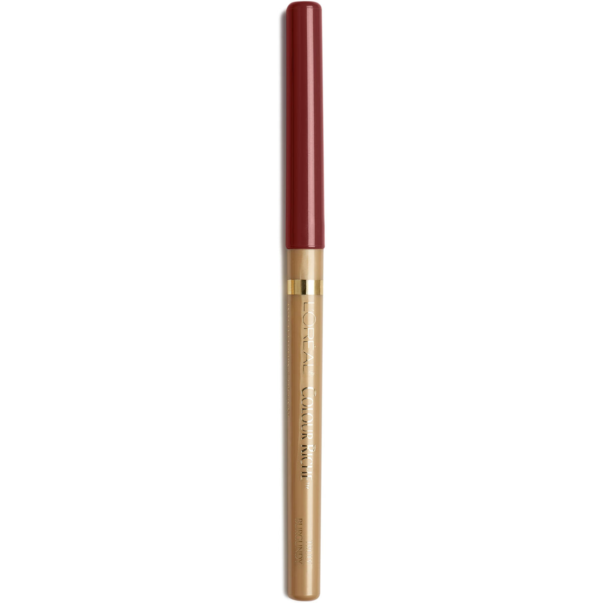 L'Oreal Paris colour riche pencil front packaging showing burgundy shade