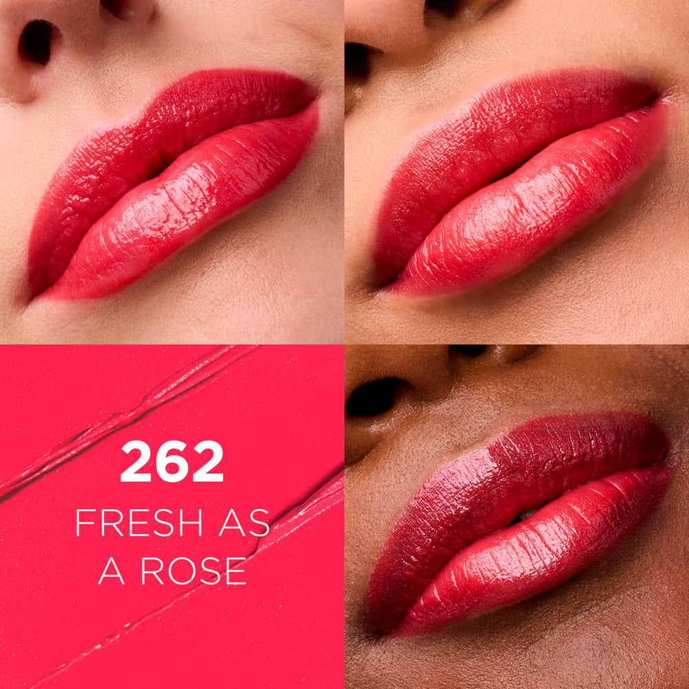 L'Oreal Paris open lipstick bullet illustrating creamy satin finish benefit