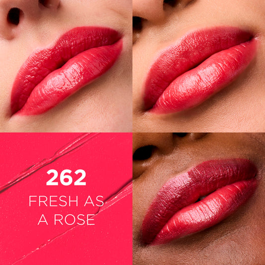 L'Oreal Paris open lipstick bullet illustrating creamy satin finish benefit