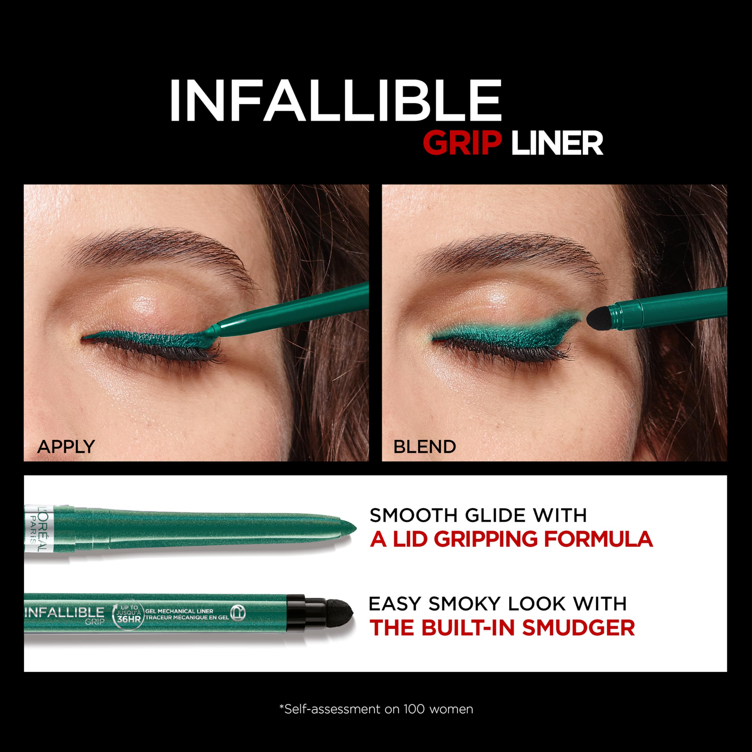 L'Oreal Paris emerald green liner applied on model enhancing eye definition