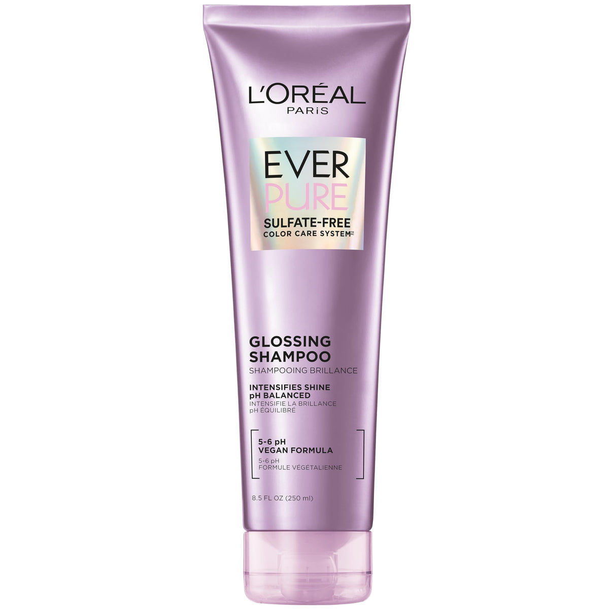 L'Oreal Paris front bottle showing EverPure glossing shampoo and sleek packaging benefit shine