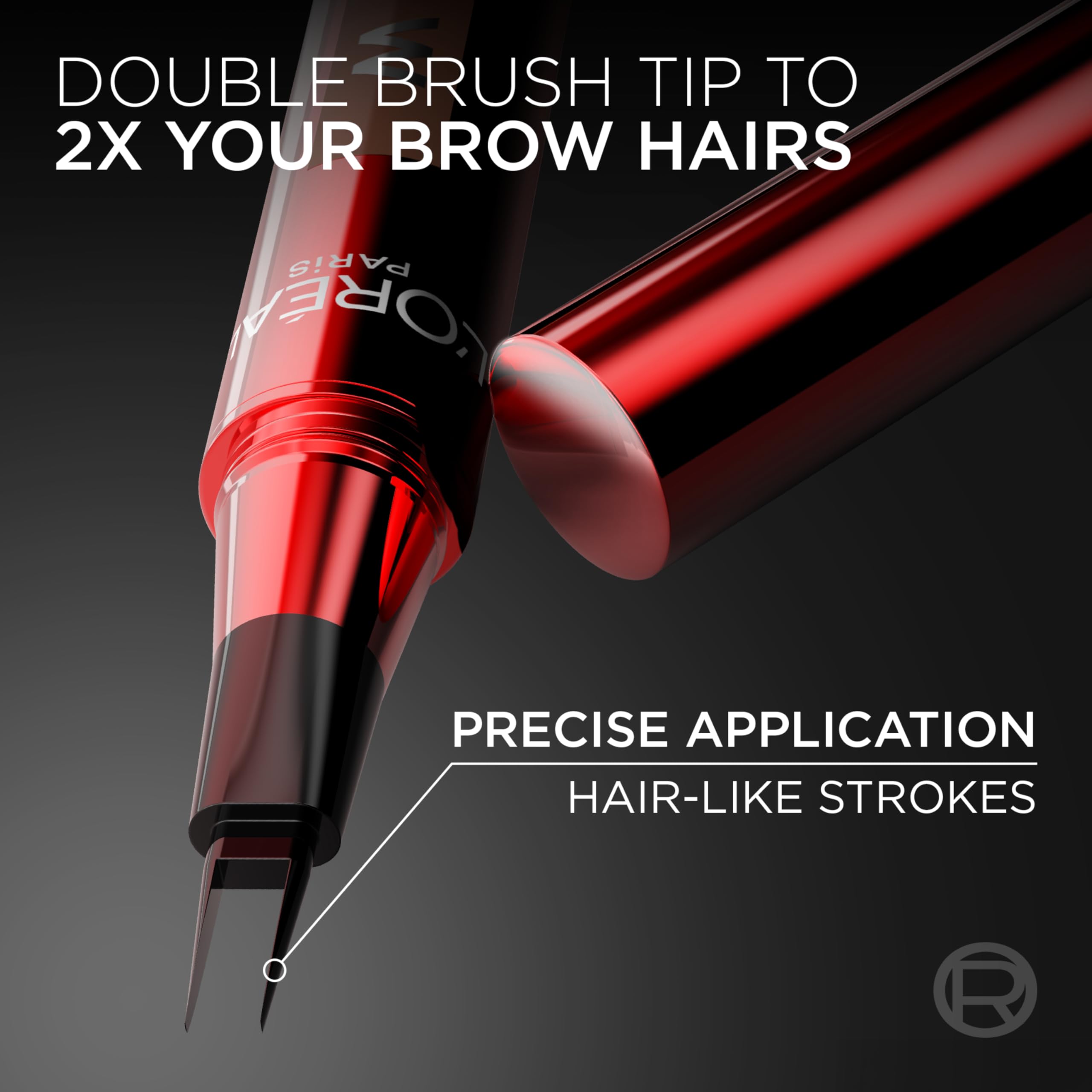 L'Oreal Paris close-up of double-brush tip showing precise hair-like stroke capability