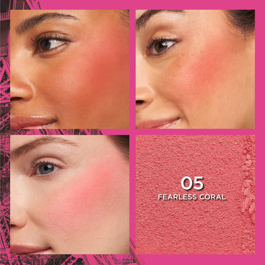 L'Oreal Paris open pan swatch of Fearless Coral 05 with vivid payoff