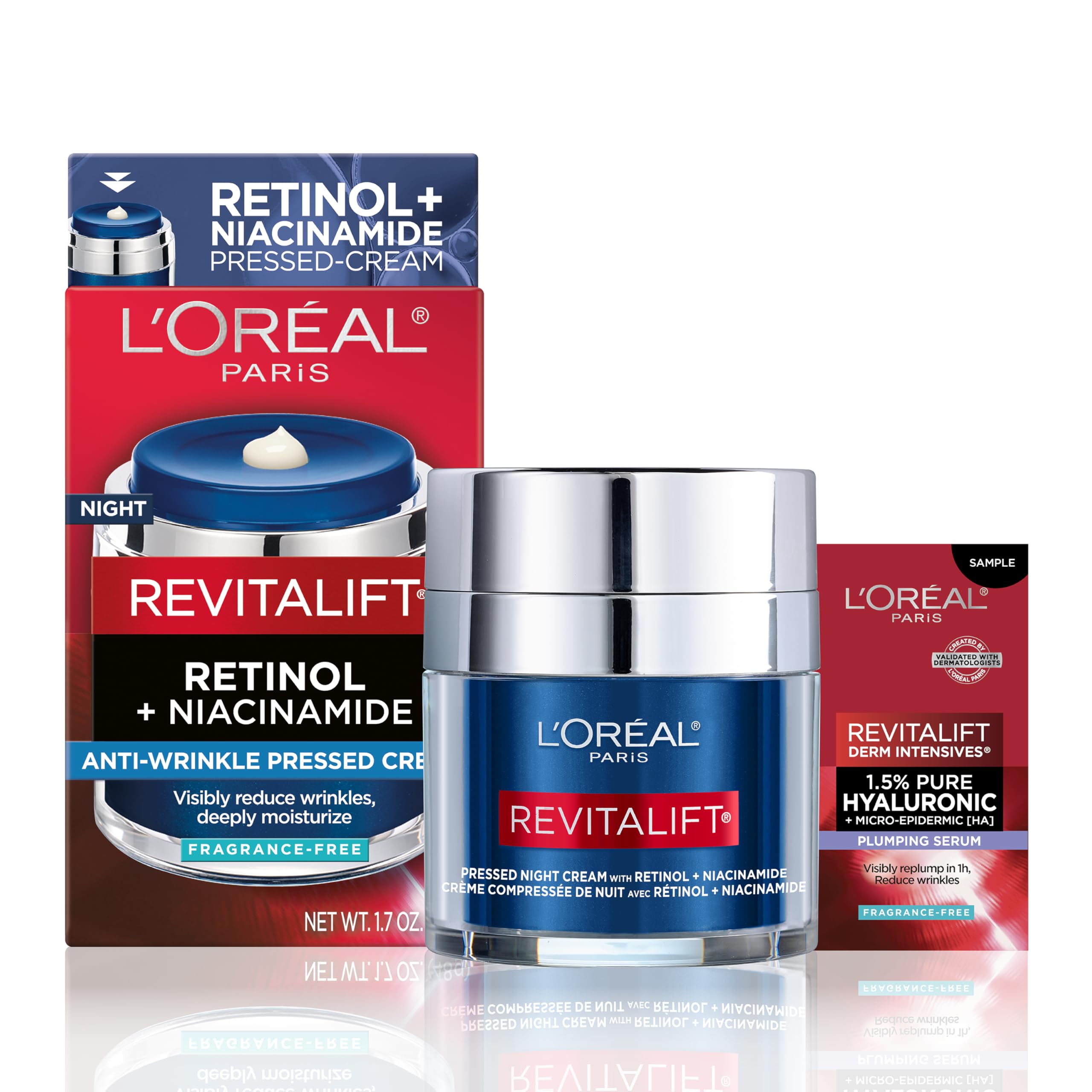 L'Oreal Paris front jar showing fresh-pressed night cream benefits