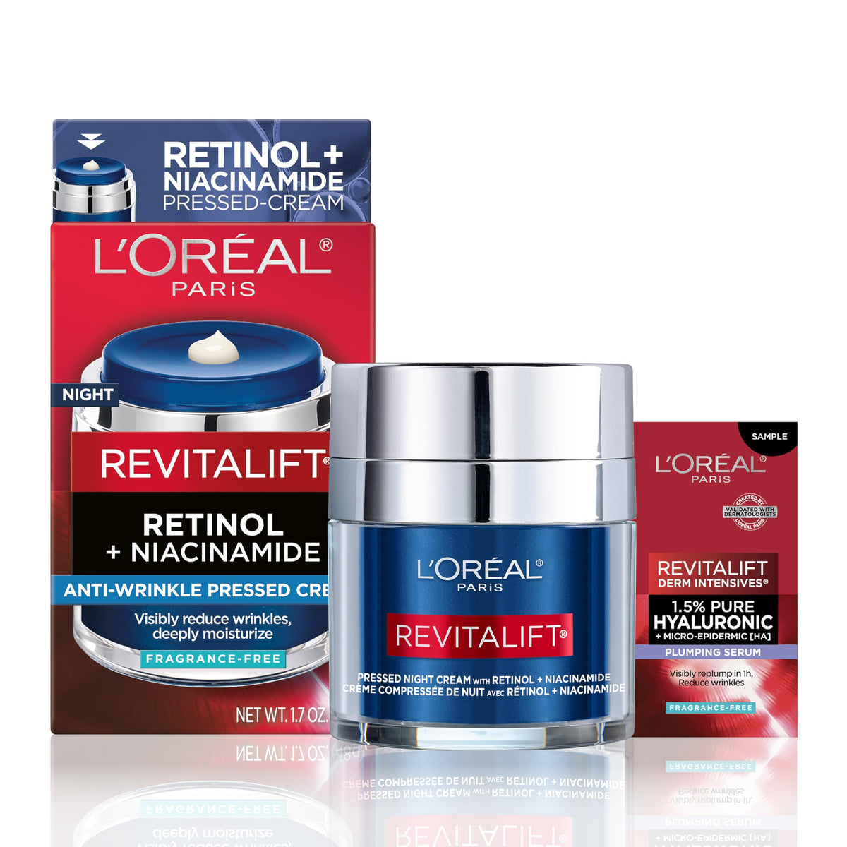L'Oreal Paris front jar showing fresh-pressed night cream benefits