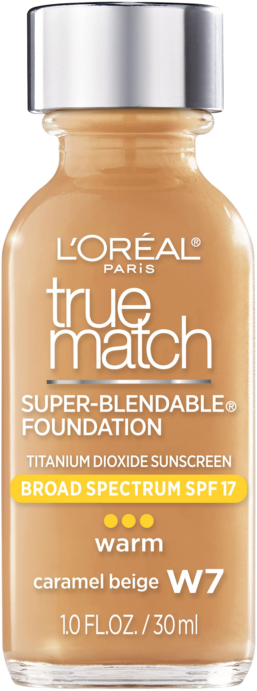 L'Oreal Paris front bottle view showing shade W7 caramel beige, easy blending