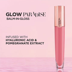 L'Oreal Paris open tube with gloss drop illustrating moisturizing formula and shine