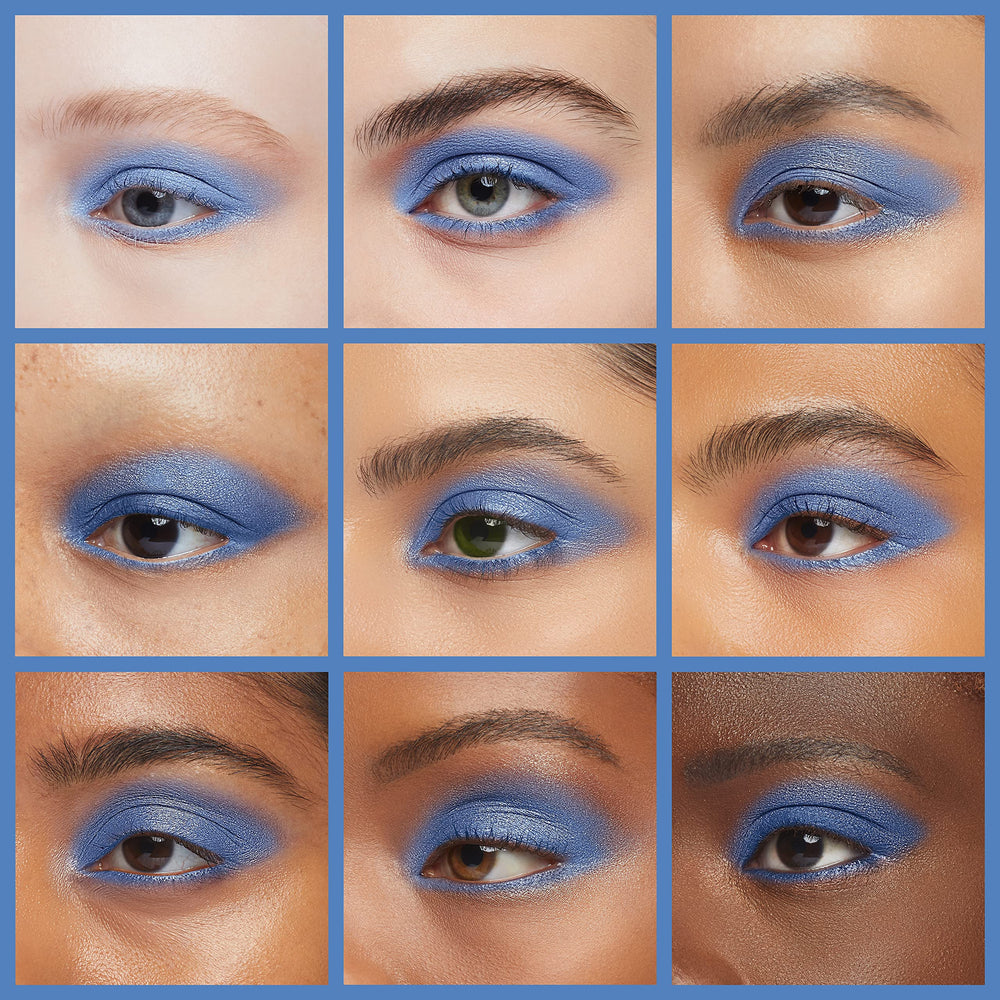 L'Oréal Paris Grand Bleu on eyelid in use demonstrating blendable blue color for striking looks