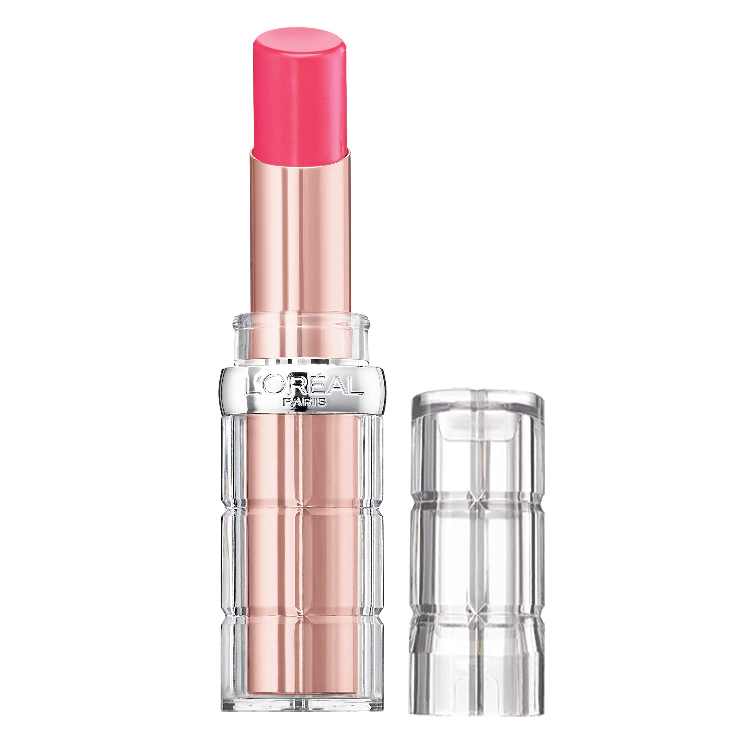 L'Oreal Paris lipstick front view showing guava-plump shade and glossy finish benefit