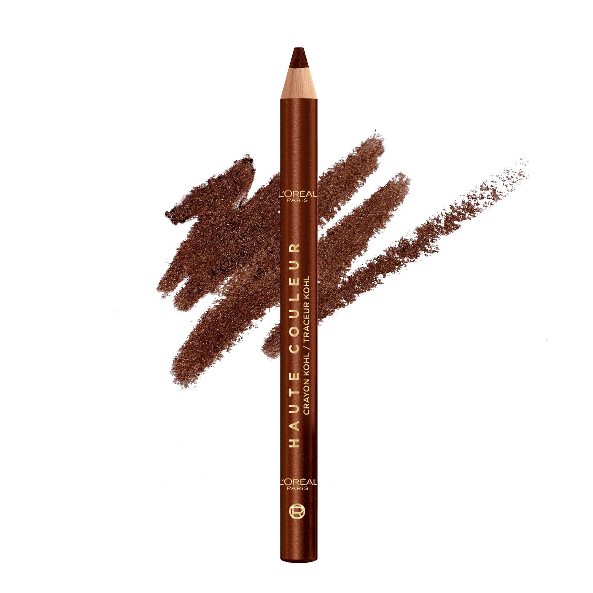 L'Oreal Paris pencil front view showing slim bronze pencil and cap, easy control