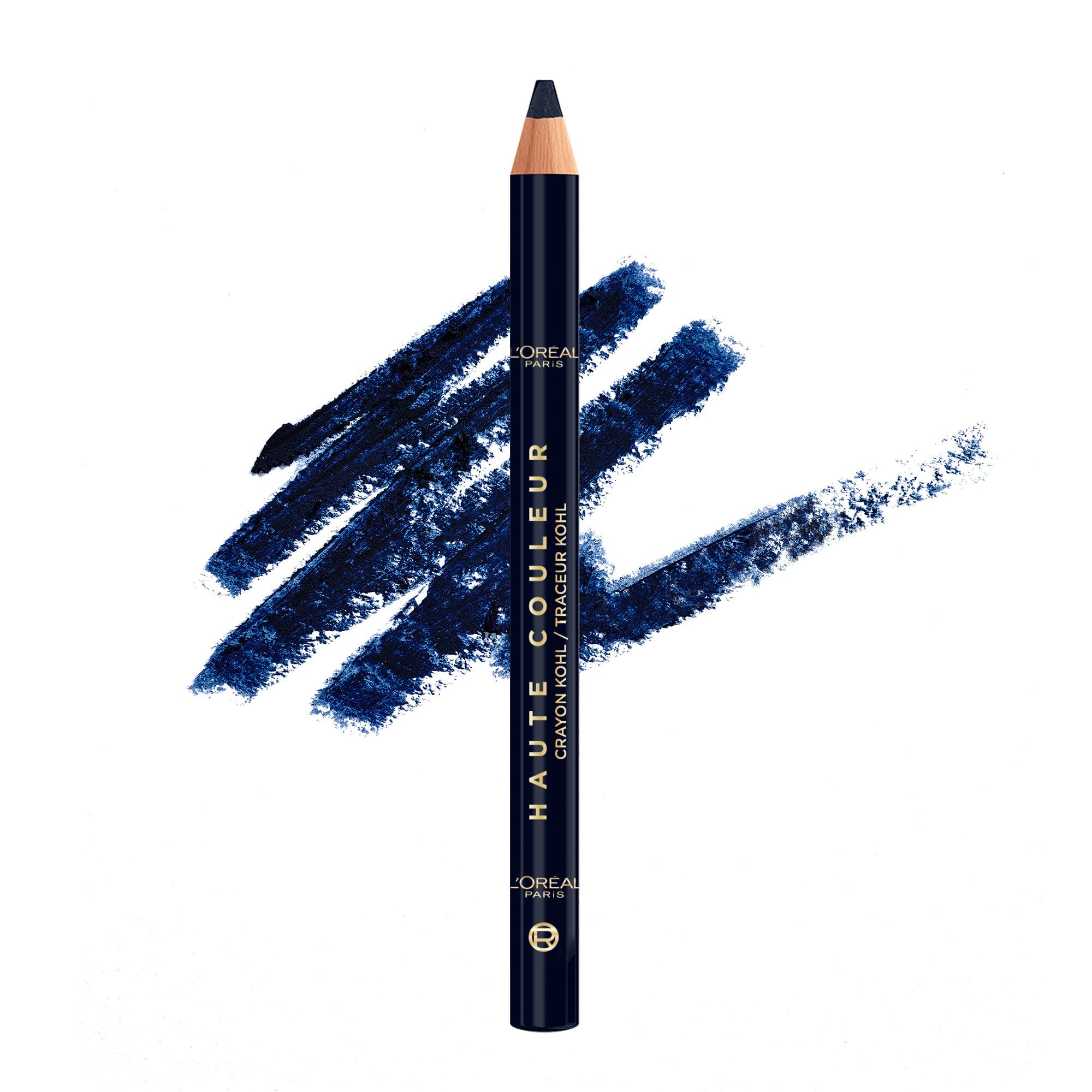 L'Oreal Paris pencil front view showing Blue Suede shade and smooth application benefit