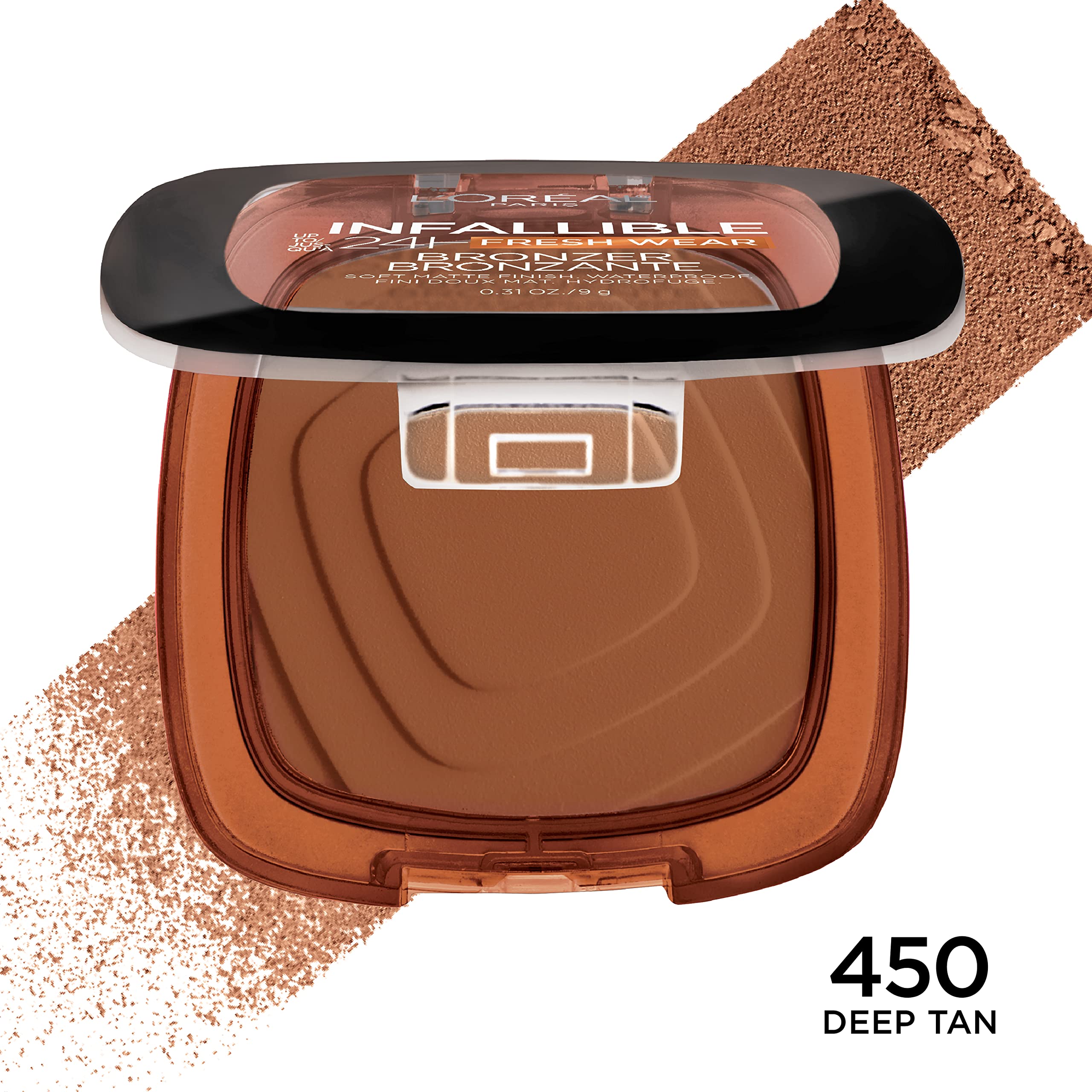 L'Oreal Paris bronzer arm swatch illustrating Deep Tan payoff and buildable color