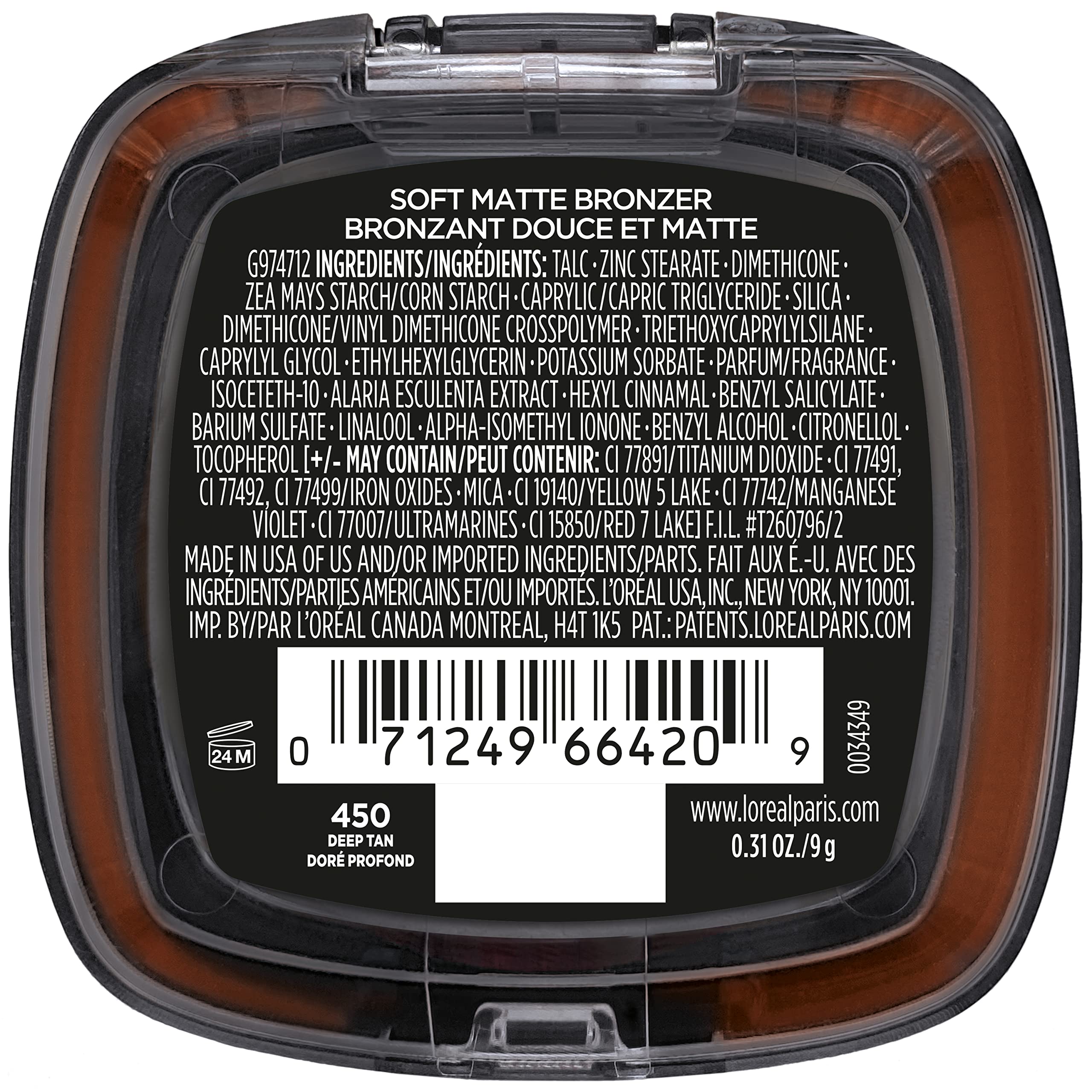 L'Oreal Paris bronzer back label close-up showing ingredient list and dermatological testing