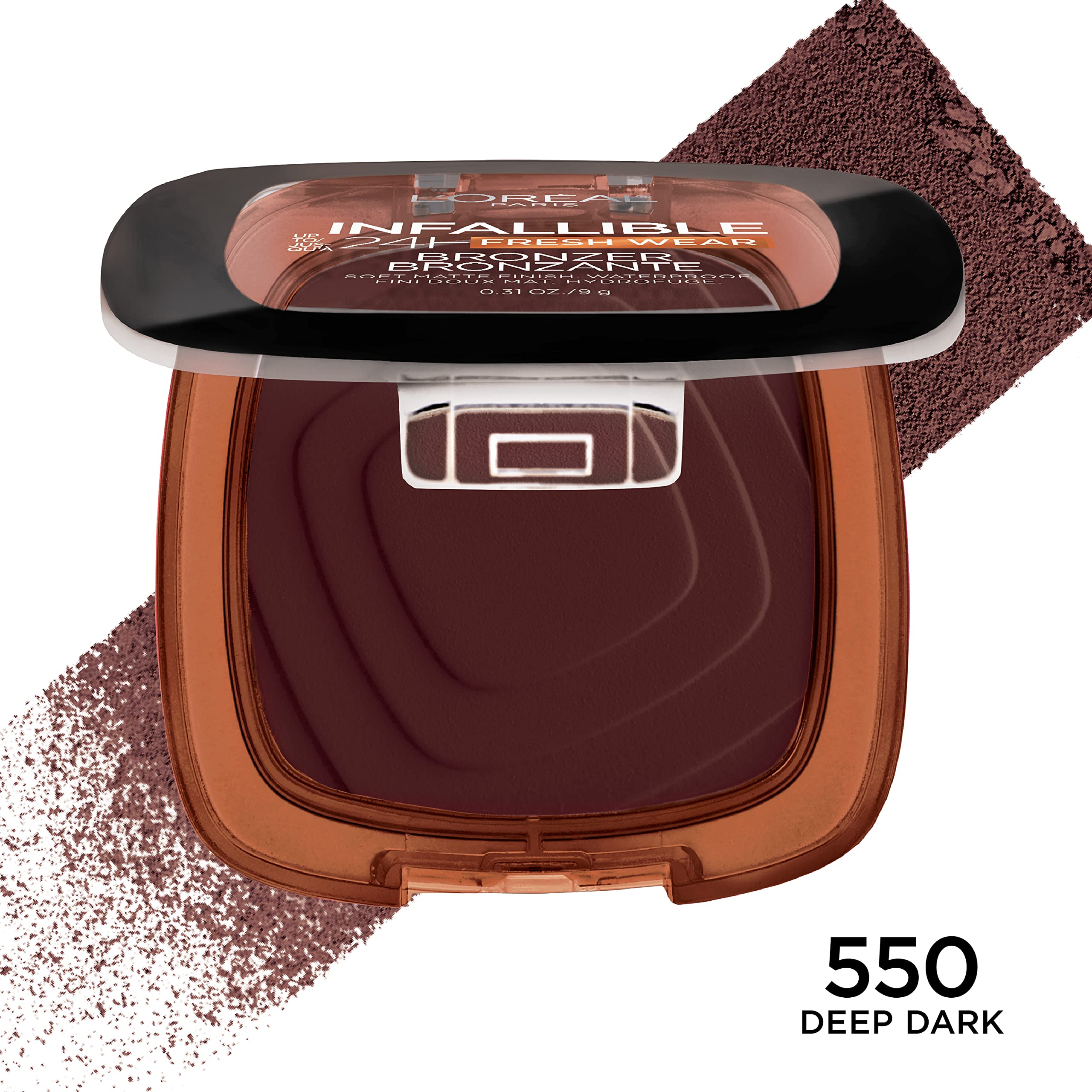 L'Oreal Paris swatch on forearm showing true Deep Dark payoff and buildable warmth