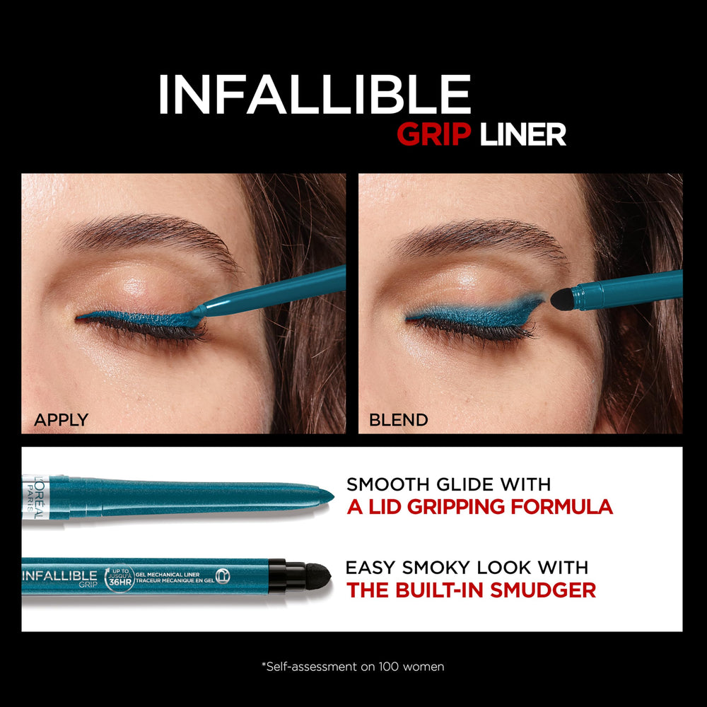 L'Oreal Paris swatch of turquoise on skin showing saturated pigmentation and payoff