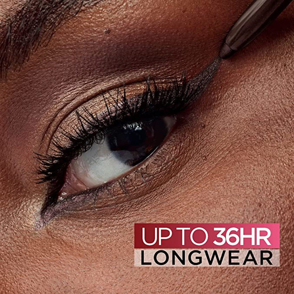 L'Oreal Paris brown denim texture swatch showing saturated color payoff and buildable benefit